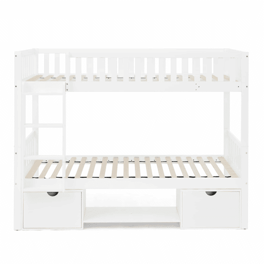 Cama infantil dupla em madeira maciça de pinho, 90×200 cm - convertível em 2 camas individuais, com grades de segurança, gavetas de arrumação, inclui escada, desmontável - branca (sem colchão)