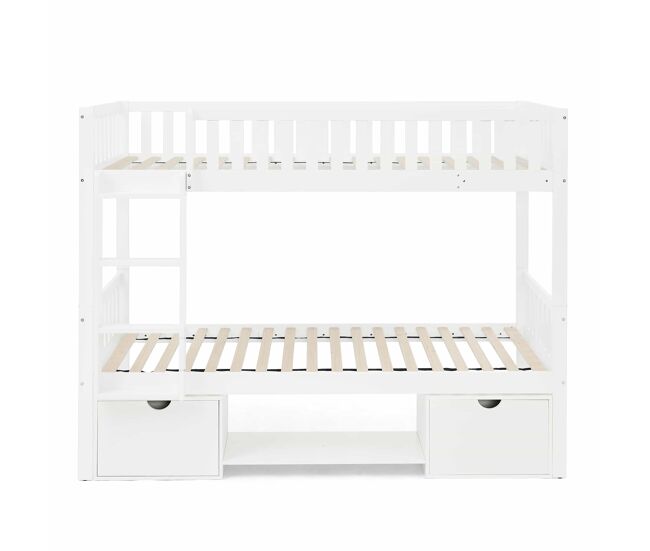 Cama infantil doble de madera maciza de pino 90×200 cm - convertible en 2 camas individuales, con barandillas de seguridad, cajones de almacenamiento,