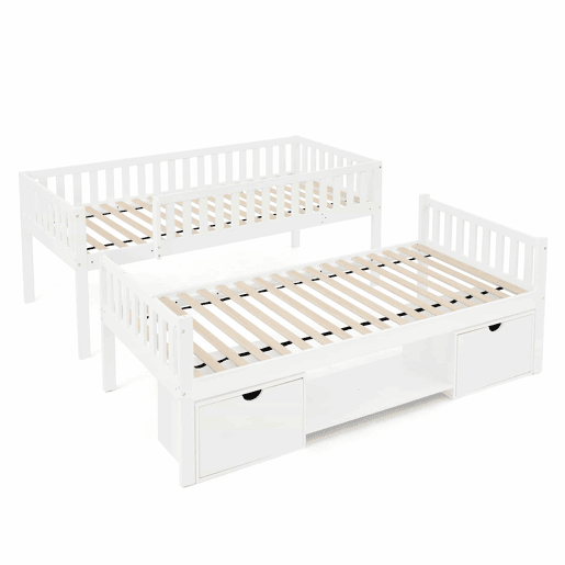 Cama infantil dupla em madeira maciça de pinho, 90×200 cm - convertível em 2 camas individuais, com grades de segurança, gavetas de arrumação, inclui escada, desmontável - branca (sem colchão)