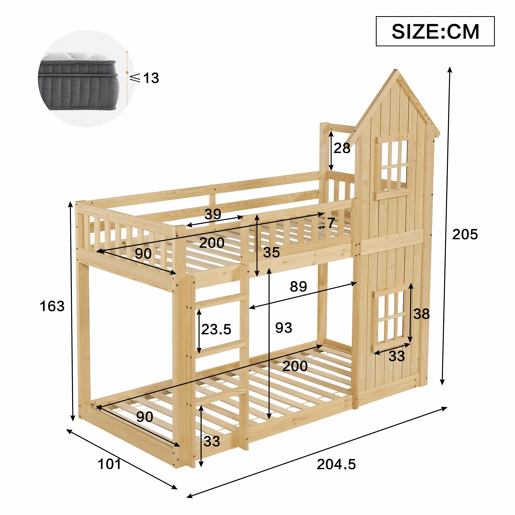 Beliche infantil 90 x 200 cm - design em forma de casinha com 2 janelas, escada de 3 degraus, grades de segurança em todo o perímetro, madeira de pinho e MDF - Natural