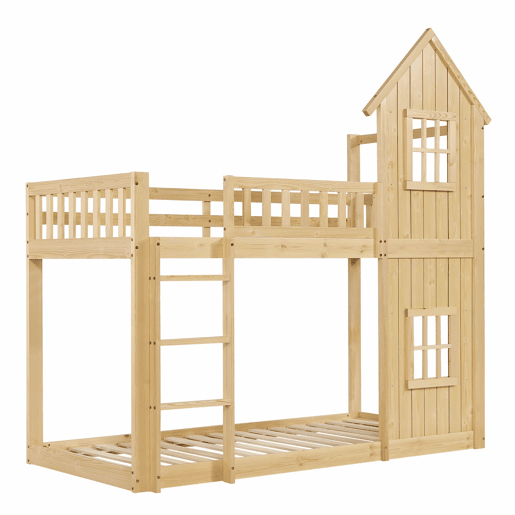 Beliche infantil 90 x 200 cm - design em forma de casinha com 2 janelas, escada de 3 degraus, grades de segurança em todo o perímetro, madeira de pinho e MDF - Natural