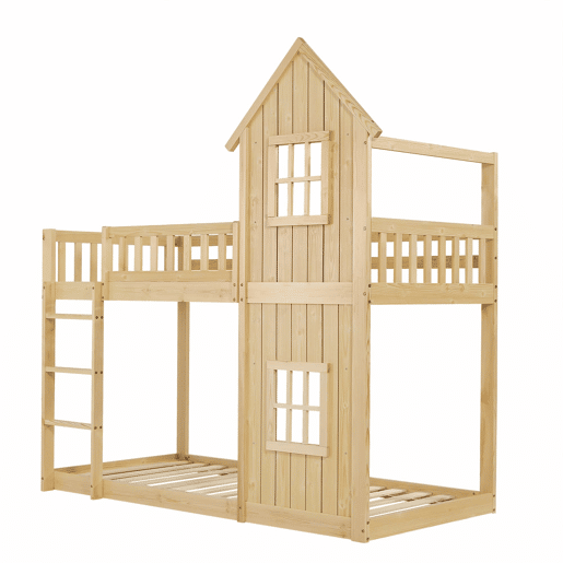 Beliche infantil 90 x 200 cm - design em forma de casinha com 2 janelas, escada de 3 degraus, grades de segurança em todo o perímetro, madeira de pinho e MDF - Natural