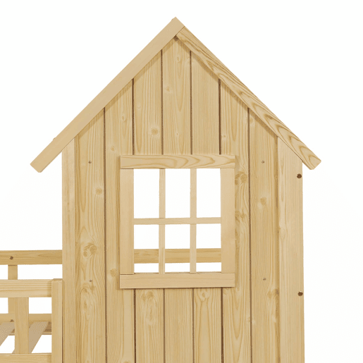 Beliche infantil 90 x 200 cm - design em forma de casinha com 2 janelas, escada de 3 degraus, grades de segurança em todo o perímetro, madeira de pinho e MDF - Natural