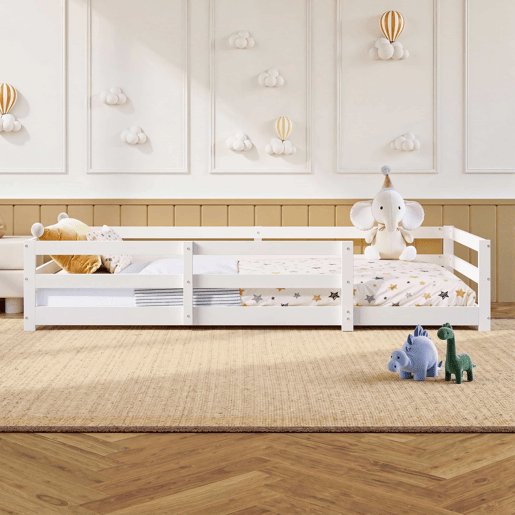 Cama Montessori de chão 90 x 200 cm - com barreira de segurança, sem base, madeira de pinho, montagem rápida - branca
