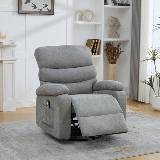 Poltrona relax elétrica giratória a 360° - massagem e aquecimento, encosto e apoio para os pés ajustáveis, bolsos laterais - cinzenta Poltrona relax elétrica giratória a 360° - massagem e aquecimento, encosto e apoio para os pés ajustáveis, bolsos laterais - cinzenta