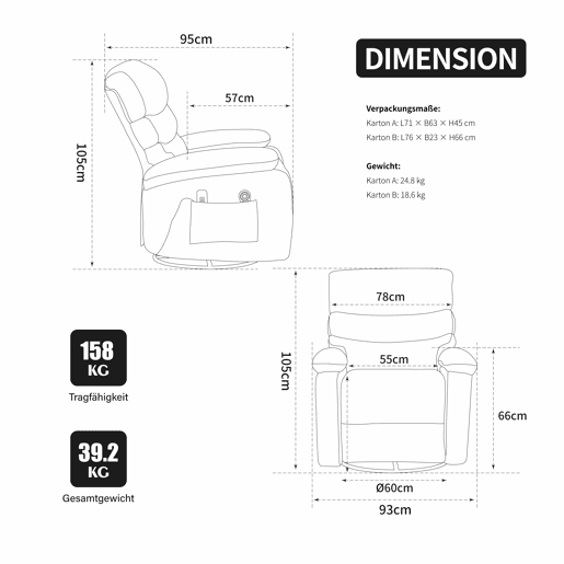 Poltrona relax elétrica giratória a 360° - massagem e aquecimento, encosto e apoio para os pés ajustáveis, bolsos laterais - cinzenta Poltrona relax elétrica giratória a 360° - massagem e aquecimento, encosto e apoio para os pés ajustáveis, bolsos laterais - cinzenta
