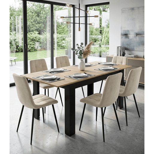 Mesa de jantar extensível 120160 × 80 cm, com painel para móveis com revestimento de PVC, acabamento preto.