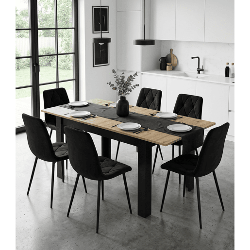 Mesa de jantar extensível 120160 × 80 cm, com painel para móveis com revestimento de PVC, acabamento preto.