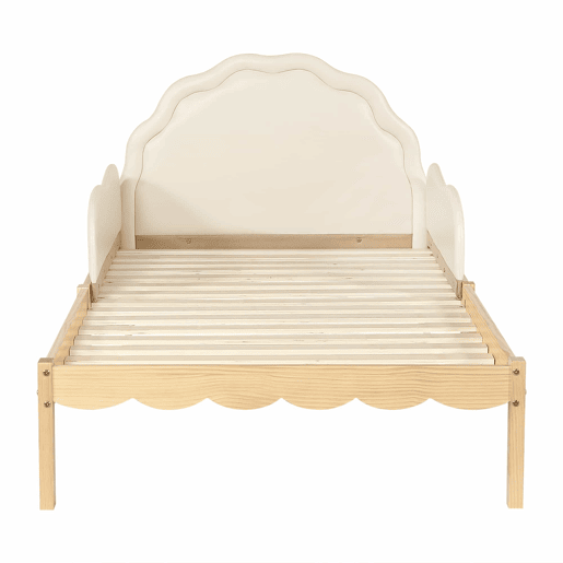 Cama infantil estofada 90 x 200 cm - Cabeceira em PU, grades laterais, base de ripas resistente, estrutura em madeira, design infantil - Bege e natural Cama infantil estofada 90 x 200 cm - Cabeceira em PU, grades laterais, base de ripas resistente, estrutura em madeira, design infantil - Bege e natural