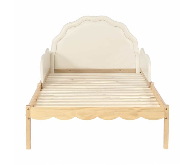 Cama infantil tapizada 90x200 cm - cabecero de pu, barandillas laterales, somier de láminas resistente, estructura de madera, diseño infantil - beige
