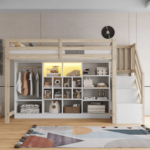 Cama alta 90 x 200 cm - com armários de arrumação, vários compartimentos, roupeiro simples, iluminação LED, escada lateral integrada com espaço de arrumação - madeira natural e branca Cama alta 90 x 200 cm - com armários de arrumação, vários compartimentos, roupeiro simples, iluminação LED, escada lateral integrada com espaço de arrumação - madeira natural e branca