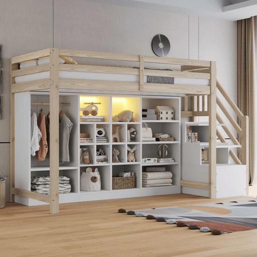 Cama alta 90 x 200 cm - com armários de arrumação, vários compartimentos, roupeiro simples, iluminação LED, escada lateral integrada com espaço de arrumação - madeira natural e branca Cama alta 90 x 200 cm - com armários de arrumação, vários compartimentos, roupeiro simples, iluminação LED, escada lateral integrada com espaço de arrumação - madeira natural e branca