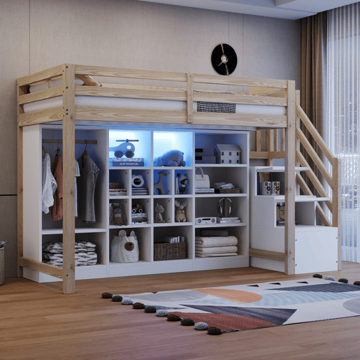 Cama alta 90 x 200 cm - com armários de arrumação, vários compartimentos, roupeiro simples, iluminação LED, escada lateral integrada com espaço de arrumação - madeira natural e branca Cama alta 90 x 200 cm - com armários de arrumação, vários compartimentos, roupeiro simples, iluminação LED, escada lateral integrada com espaço de arrumação - madeira natural e branca