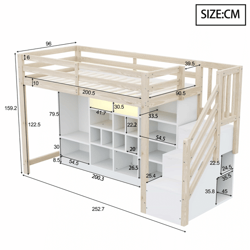 Cama alta 90 x 200 cm - com armários de arrumação, vários compartimentos, roupeiro simples, iluminação LED, escada lateral integrada com espaço de arrumação - madeira natural e branca Cama alta 90 x 200 cm - com armários de arrumação, vários compartimentos, roupeiro simples, iluminação LED, escada lateral integrada com espaço de arrumação - madeira natural e branca