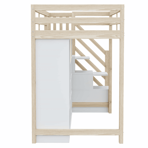 Cama alta 90 x 200 cm - com armários de arrumação, vários compartimentos, roupeiro simples, iluminação LED, escada lateral integrada com espaço de arrumação - madeira natural e branca Cama alta 90 x 200 cm - com armários de arrumação, vários compartimentos, roupeiro simples, iluminação LED, escada lateral integrada com espaço de arrumação - madeira natural e branca