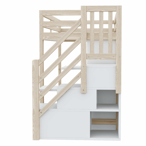 Cama alta 90 x 200 cm - com armários de arrumação, vários compartimentos, roupeiro simples, iluminação LED, escada lateral integrada com espaço de arrumação - madeira natural e branca Cama alta 90 x 200 cm - com armários de arrumação, vários compartimentos, roupeiro simples, iluminação LED, escada lateral integrada com espaço de arrumação - madeira natural e branca