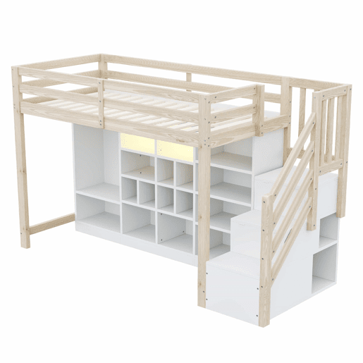 Cama alta 90 x 200 cm - com armários de arrumação, vários compartimentos, roupeiro simples, iluminação LED, escada lateral integrada com espaço de arrumação - madeira natural e branca Cama alta 90 x 200 cm - com armários de arrumação, vários compartimentos, roupeiro simples, iluminação LED, escada lateral integrada com espaço de arrumação - madeira natural e branca