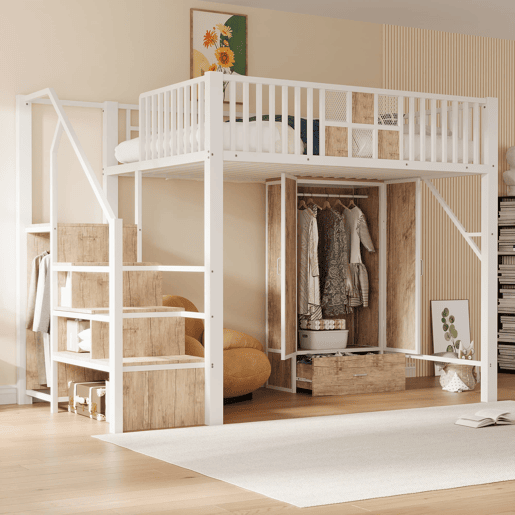 Cama alta metálica 140 x 200 cm - design distinto com grades em madeira e rede metálica, com roupeiro espaçoso, gavetas e escada com espaço de arrumação - branco Cama alta metálica 140 x 200 cm - design distinto com grades em madeira e rede metálica, com roupeiro espaçoso, gavetas e escada com espaço de arrumação - branco