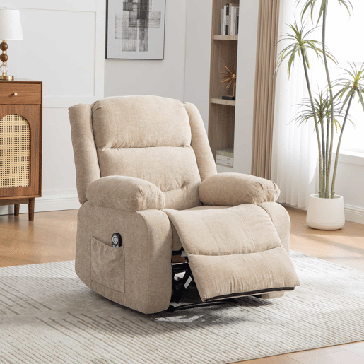 Poltrona relax elétrica multifunções - massagem elétrica e função de aquecimento, encosto reclinável manualmente, apoio para os pés ajustável e bolsos laterais - Light Khaki Poltrona relax elétrica multifunções - massagem elétrica e função de aquecimento, encosto reclinável manualmente, apoio para os pés ajustável e bolsos laterais - Light Khaki