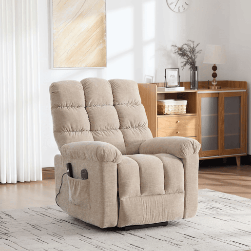 Poltrona relax elétrica multifuncional - função de assistência ao levantamento, massagem e aquecimento, encosto e apoio para os pés ajustáveis eletricamente, bolsos laterais de arrumação - Castanho-claro Poltrona relax elétrica multifuncional - função de assistência ao levantamento, massagem e aquecimento, encosto e apoio para os pés ajustáveis eletricamente, bolsos laterais de arrumação - Castanho-claro