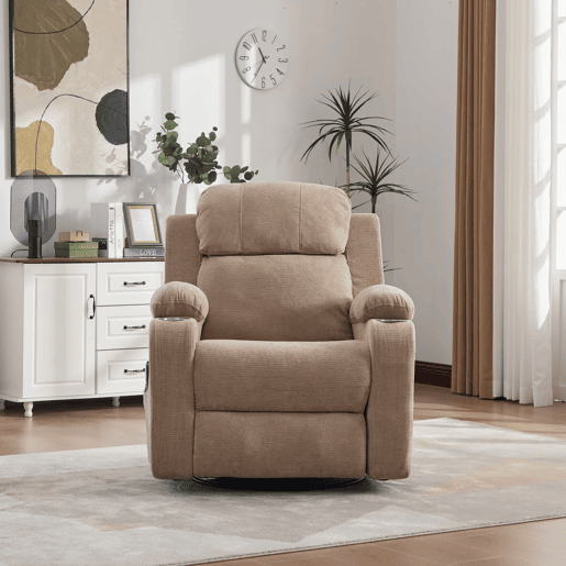 Poltrona relax elétrica giratória a 360° - função de massagem e aquecimento, encosto e apoio para os pés ajustáveis, bolsos laterais e porta-copos - Taupe Poltrona relax elétrica giratória a 360° - função de massagem e aquecimento, encosto e apoio para os pés ajustáveis, bolsos laterais e porta-copos - Taupe