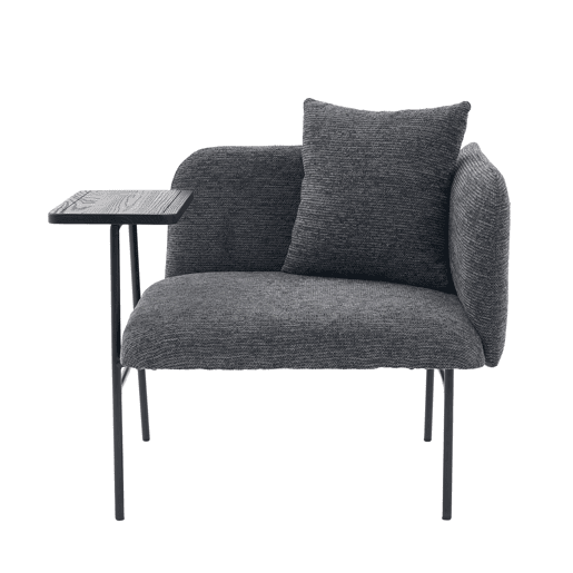 Poltrona individual moderna - encosto em tecido confortável, dois compartimentos de arrumação, mesa auxiliar minimalista com arrumação e estrutura metálica estável - cinzento escuro