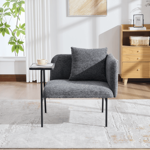 Poltrona individual moderna - encosto em tecido confortável, dois compartimentos de arrumação, mesa auxiliar minimalista com arrumação e estrutura metálica estável - cinzento escuro