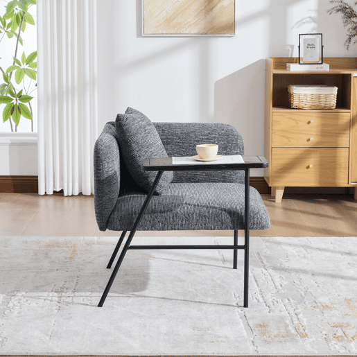 Poltrona individual moderna - encosto em tecido confortável, dois compartimentos de arrumação, mesa auxiliar minimalista com arrumação e estrutura metálica estável - cinzento escuro