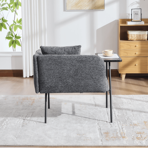 Poltrona individual moderna - encosto em tecido confortável, dois compartimentos de arrumação, mesa auxiliar minimalista com arrumação e estrutura metálica estável - cinzento escuro