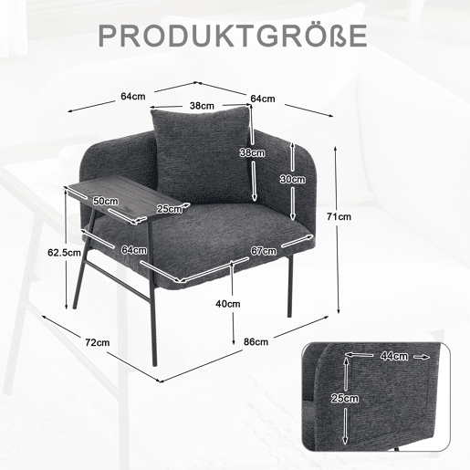 Poltrona individual moderna - encosto em tecido confortável, dois compartimentos de arrumação, mesa auxiliar minimalista com arrumação e estrutura metálica estável - cinzento escuro