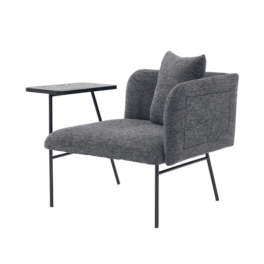 Poltrona individual moderna - encosto em tecido confortável, dois compartimentos de arrumação, mesa auxiliar minimalista com arrumação e estrutura metálica estável - cinzento escuro