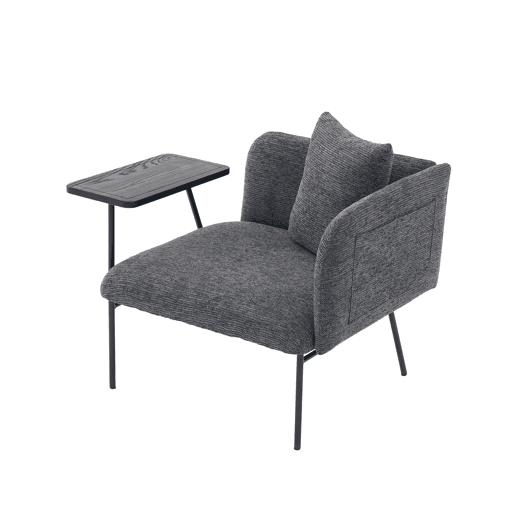 Poltrona individual moderna - encosto em tecido confortável, dois compartimentos de arrumação, mesa auxiliar minimalista com arrumação e estrutura metálica estável - cinzento escuro