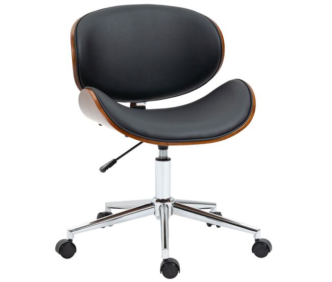 Vinsetto silla de oficina con ruedas, silla de escritorio tapizada en pu con asiento ancho y curvado de madera, respaldo acolchado, altura ajustable, diseño sin brazos, para casa, oficina, negro
