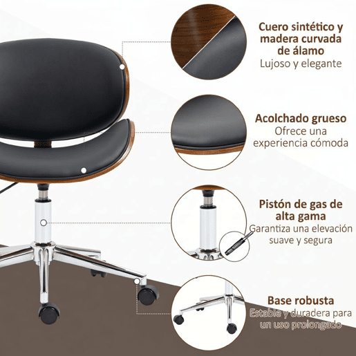 Vinsetto Cadeira de Escritório com Rodas, Assento Largo e Curvado em Madeira Estofado em PU, Encosto Acolchoado, Altura Ajustável, Sem Braços, para Casa ou Escritório, Preto Vinsetto Cadeira de Escritório com Rodas, Assento Largo e Curvado em Madeira Estofado em PU, Encosto Acolchoado, Altura Ajustável, Sem Braços, para Casa ou Escritório, Preto