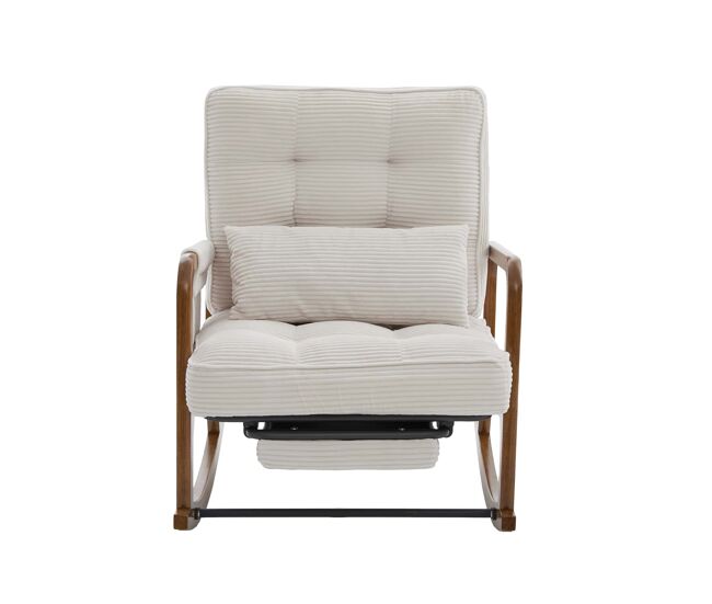 Silla mecedora moderna con reposapiés - sillón infantil de corduroy con bolsillos laterales, respaldo ajustable ergonómico y cojín lumbar - beige