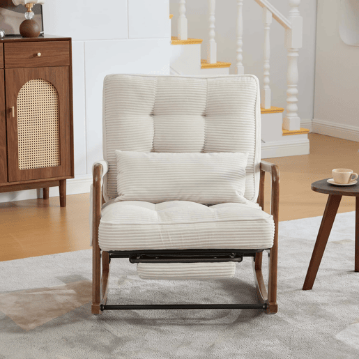 Cadeira de baloiço moderna com apoio para os pés - poltrona infantil em veludo cotelê com bolsos laterais, encosto ergonómico ajustável e almofada lombar - veludo cotelê bege Cadeira de baloiço moderna com apoio para os pés - poltrona infantil em veludo cotelê com bolsos laterais, encosto ergonómico ajustável e almofada lombar - veludo cotelê bege