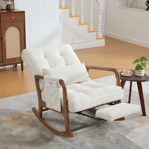 Cadeira de baloiço moderna com apoio para os pés - poltrona infantil em veludo cotelê com bolsos laterais, encosto ergonómico ajustável e almofada lombar - veludo cotelê bege Cadeira de baloiço moderna com apoio para os pés - poltrona infantil em veludo cotelê com bolsos laterais, encosto ergonómico ajustável e almofada lombar - veludo cotelê bege