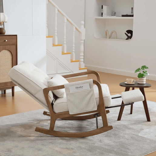 Cadeira de baloiço moderna com apoio para os pés - poltrona infantil em veludo cotelê com bolsos laterais, encosto ergonómico ajustável e almofada lombar - veludo cotelê bege Cadeira de baloiço moderna com apoio para os pés - poltrona infantil em veludo cotelê com bolsos laterais, encosto ergonómico ajustável e almofada lombar - veludo cotelê bege