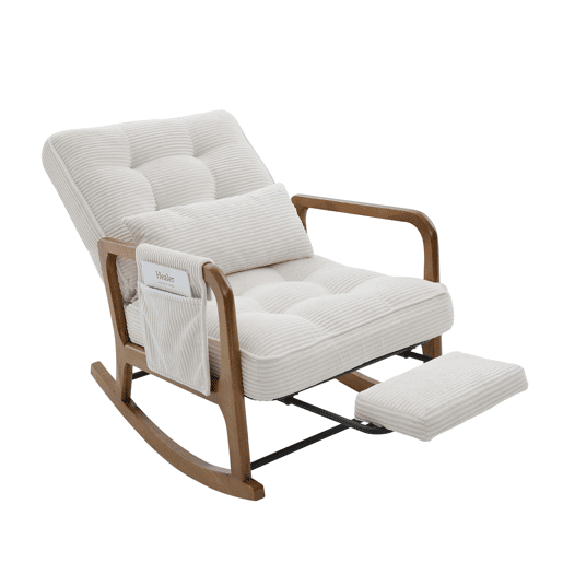 Cadeira de baloiço moderna com apoio para os pés - poltrona infantil em veludo cotelê com bolsos laterais, encosto ergonómico ajustável e almofada lombar - veludo cotelê bege Cadeira de baloiço moderna com apoio para os pés - poltrona infantil em veludo cotelê com bolsos laterais, encosto ergonómico ajustável e almofada lombar - veludo cotelê bege