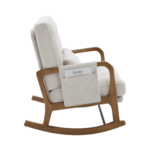 Cadeira de baloiço moderna com apoio para os pés - poltrona infantil em veludo cotelê com bolsos laterais, encosto ergonómico ajustável e almofada lombar - veludo cotelê bege Cadeira de baloiço moderna com apoio para os pés - poltrona infantil em veludo cotelê com bolsos laterais, encosto ergonómico ajustável e almofada lombar - veludo cotelê bege