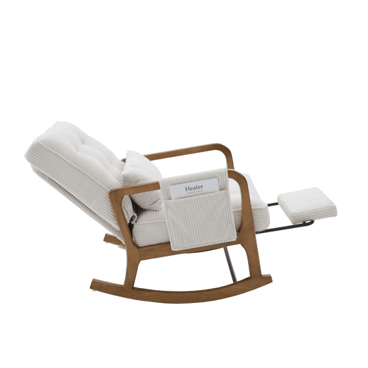 Cadeira de baloiço moderna com apoio para os pés - poltrona infantil em veludo cotelê com bolsos laterais, encosto ergonómico ajustável e almofada lombar - veludo cotelê bege Cadeira de baloiço moderna com apoio para os pés - poltrona infantil em veludo cotelê com bolsos laterais, encosto ergonómico ajustável e almofada lombar - veludo cotelê bege