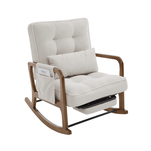 Cadeira de baloiço moderna com apoio para os pés - poltrona infantil em veludo cotelê com bolsos laterais, encosto ergonómico ajustável e almofada lombar - veludo cotelê bege Cadeira de baloiço moderna com apoio para os pés - poltrona infantil em veludo cotelê com bolsos laterais, encosto ergonómico ajustável e almofada lombar - veludo cotelê bege