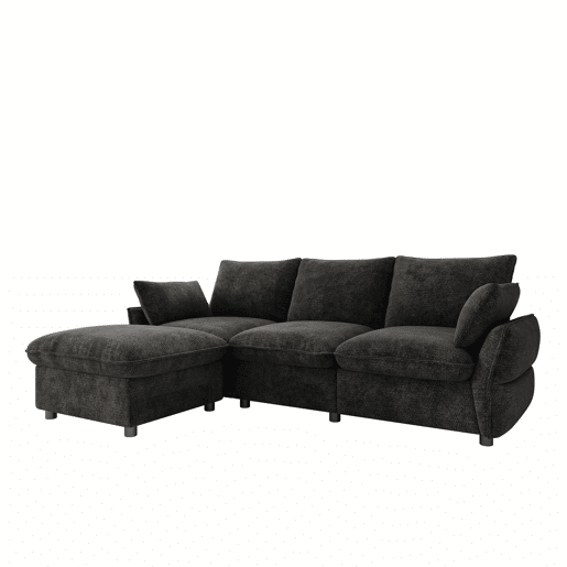 Sofá de canto 222,5 × 154,5 cm - 3 lugares com chaise longue e otomana em chenille para a sala de estar - Cinza escuro Sofá de canto 222,5 × 154,5 cm - 3 lugares com chaise longue e otomana em chenille para a sala de estar - Cinza escuro