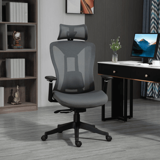 Vinsetto Cadeira de Escritório em Malha Reclinável com Apoio de Cabeça Ajustável, Apoio Lombar e Apoios de Braços 3D, 150 kg, 70x66x120-128 cm, Cinzento