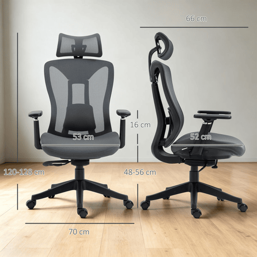 Vinsetto Cadeira de Escritório em Malha Reclinável com Apoio de Cabeça Ajustável, Apoio Lombar e Apoios de Braços 3D, 150 kg, 70x66x120-128 cm, Cinzento