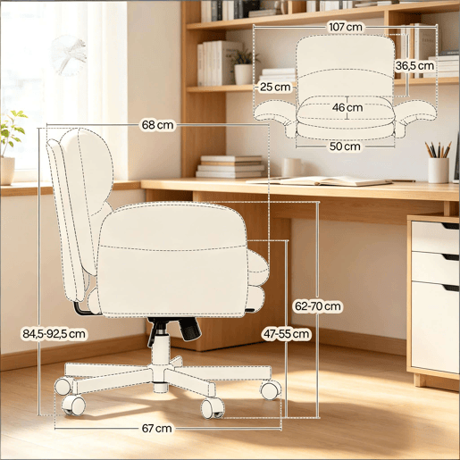 Cadeira de escritório giratória 107 x 68 x 92,5 cm - Design moderno, assento almofadado, multifuncional para o quarto e a sala - Bege Cadeira de escritório giratória 107 x 68 x 92,5 cm - Design moderno, assento almofadado, multifuncional para o quarto e a sala - Bege