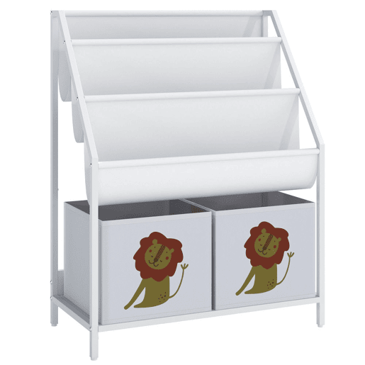 AIYAPLAY Estante Infantil Montessori 4 Níveis com 3 Prateleiras e 2 Gavetas em Tecido, Design Leão, Branco AIYAPLAY Estante Infantil Montessori 4 Níveis com 3 Prateleiras e 2 Gavetas em Tecido, Design Leão, Branco
