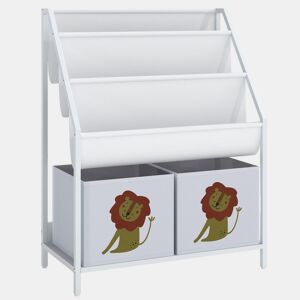 AIYAPLAY Estante Infantil Montessori 4 Níveis com 3 Prateleiras e 2 Gavetas em Tecido, Design Leão, Branco