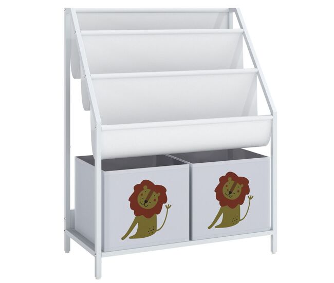 Aiyaplay librería infantil de 4 niveles estantería para libros montessori con 3 estantes 2 cajones de tela con diseño de león para sala de juegos dormitorio guardería para niños de altura 76 cm blanco