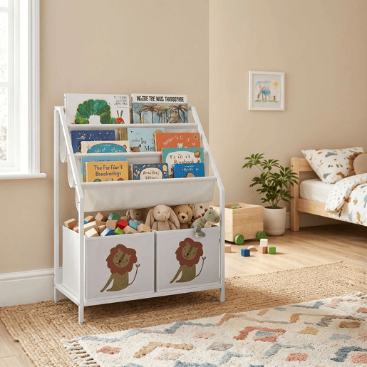 AIYAPLAY Estante Infantil Montessori 4 Níveis com 3 Prateleiras e 2 Gavetas em Tecido, Design Leão, Branco AIYAPLAY Estante Infantil Montessori 4 Níveis com 3 Prateleiras e 2 Gavetas em Tecido, Design Leão, Branco